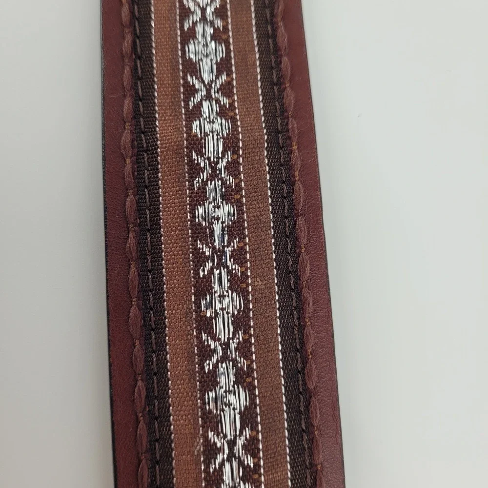 Womens Brown Leather Western Belt XL Silver Embroidered Mosaic Boho Eclectic